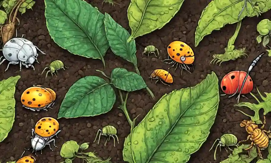 Microorganismos en hojas de planta, hongos en suelo con insectos.
