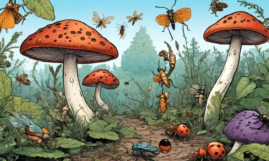 Ilustración de hongos e insectos interactuando, destacando su relación simbiótica.