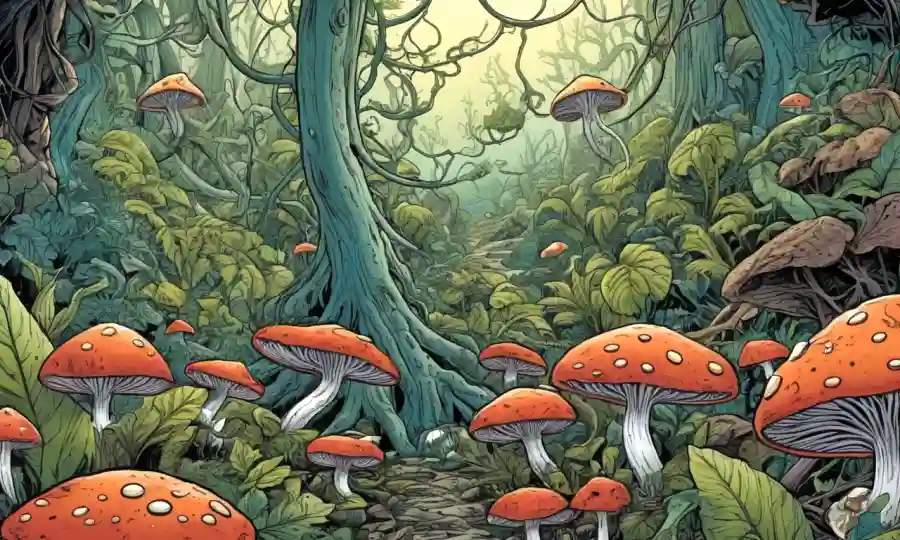 Una representación simbiótica de hongos y plantas entrelazadas en un fondo natural.