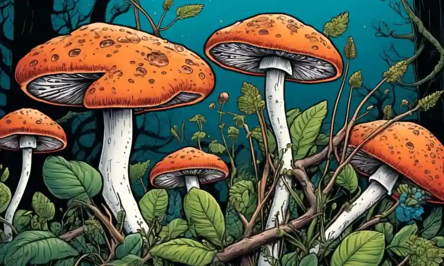 Fungi y plantas entrelazadas con flechas que ilustran su relación simbiótica.