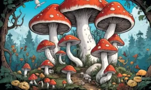 Ilustración de hongos rodeados de criaturas míticas del folclore.
