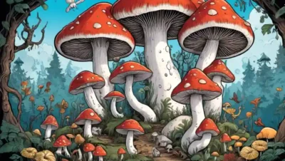 Ilustración de hongos rodeados de criaturas míticas del folclore.