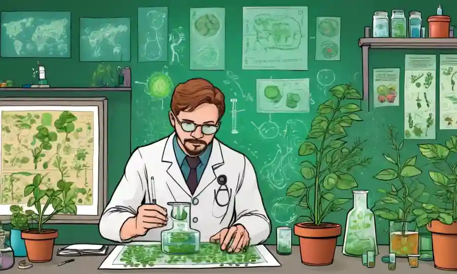 Científico estudiando plantas con microorganismos en laboratorio, rodeado de gráficos y ecuaciones.