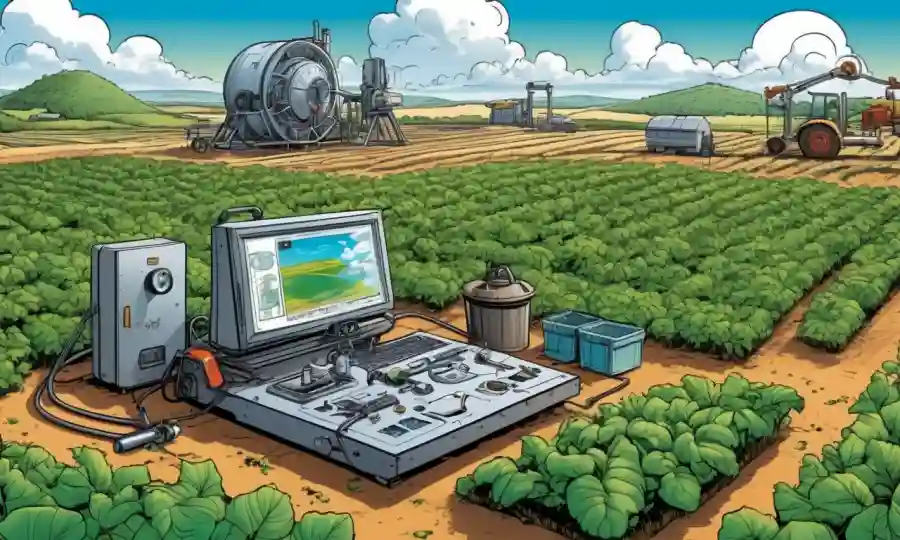 Equipo de investigación científica rodeado de crecimiento agrícola en un paisaje centrado en la sostenibilidad.