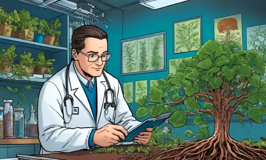 Un científico que estudia raíces vegetales con microorganismos especializados en el fondo, destacando complejidades de la investigación endophyte.
