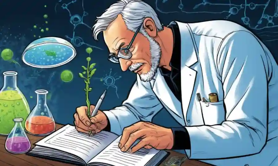 Científicos que estudian microorganismos, haciendo hincapié en consideraciones éticas en el cuaderno de investigación.