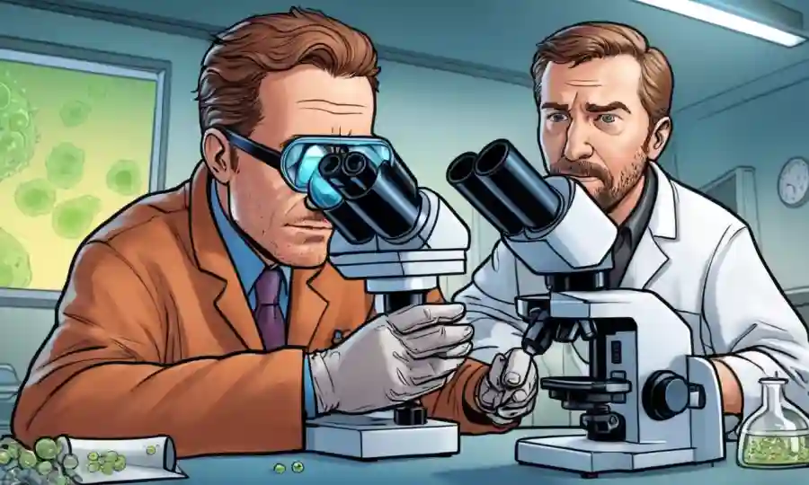 Scientist examina microorganismos bajo microscopio contra un fondo borroso que representa la investigación.