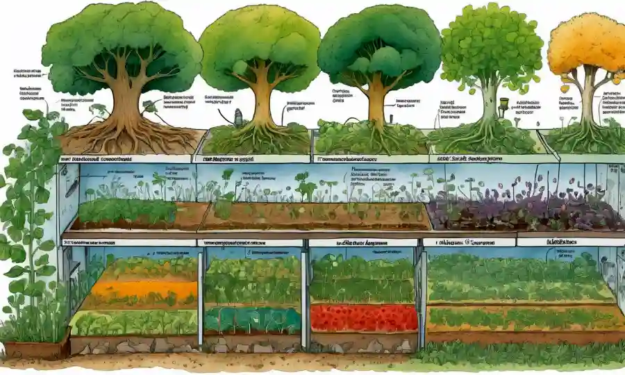 Diagrama científico que ilustra las asociaciones entre las cubiertas vegetales y los microbios beneficiosos en la agricultura sostenible.