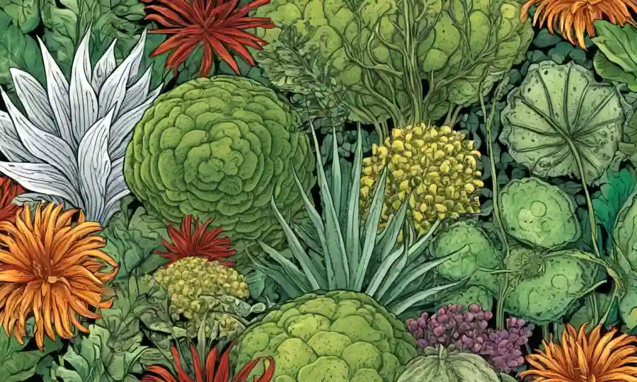 Una ilustración botánica muestra varios revestimientos de plantas (revestimientos) y microorganismos endofiticos asociados.