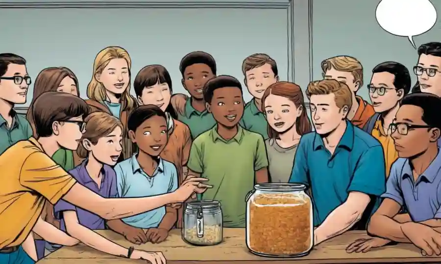 Un profesor explicando técnicas de fermentación seguras a los estudiantes reunidos alrededor de un frasco de fermentación.