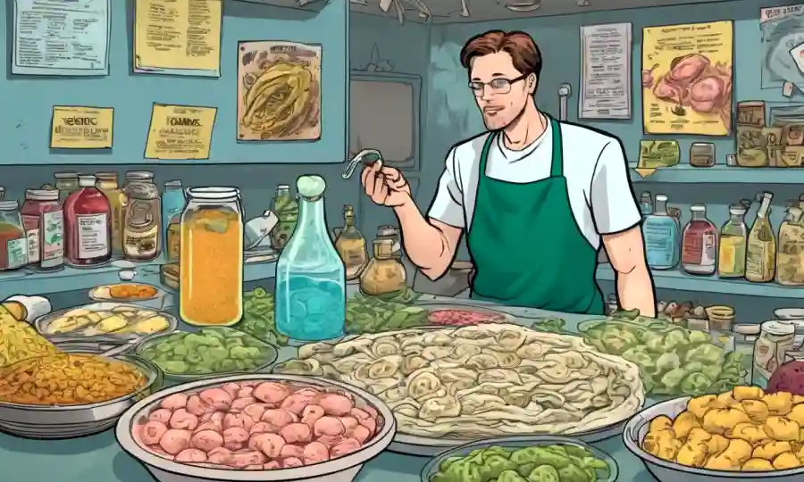 Una persona que inspecciona alimentos fermentados caseros rodeados de bacterias germinales y señales de advertencia.