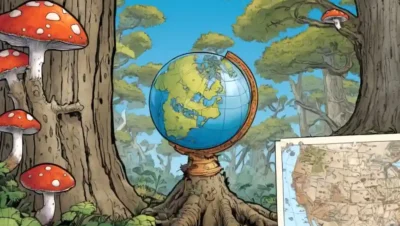 Fungi creciendo en troncos de árboles con un mapa o globo en el fondo.