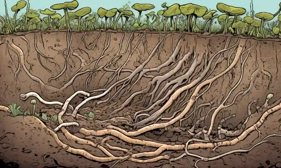 Ilustración del ecosistema del suelo con hongos que conectan raíces de plantas y lombriz.