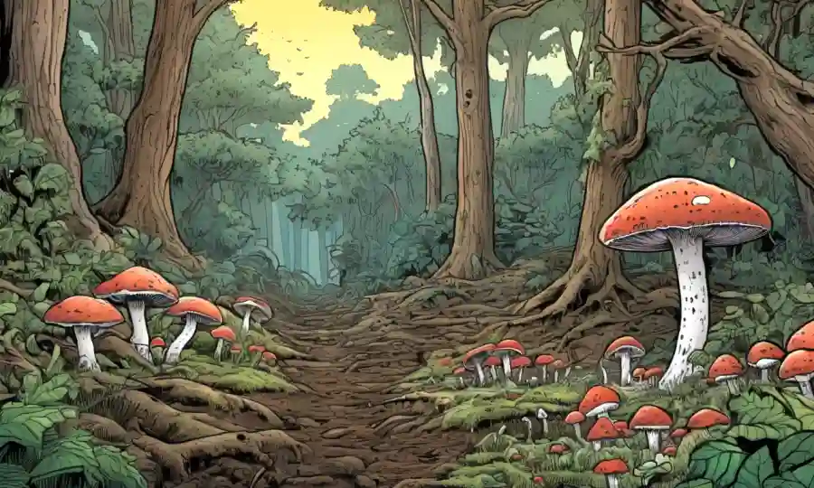 Fungi creciendo bajo los árboles