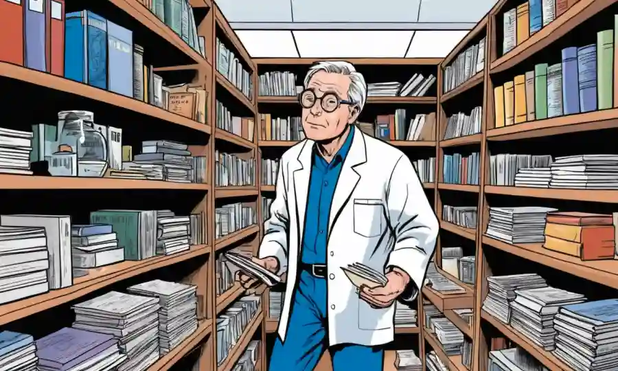 Un científico rodeado de estantes de libros y notas, representando el papel de las colecciones en investigación.