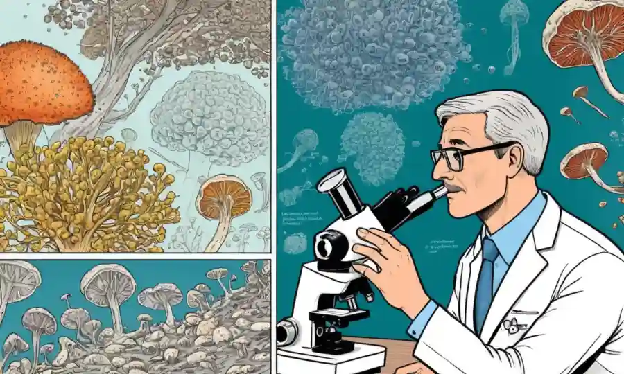 Científico examinando esporas fúngicas bajo microscopio con diagramas y texto sobre futuros desafíos y oportunidades en biotecnología.
