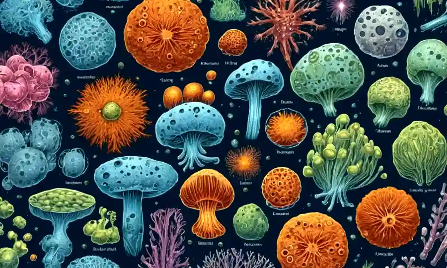 Diversos tipos de esporas que se ilustran o se ven bajo el microscopio, destacando su importancia en la biotecnología.