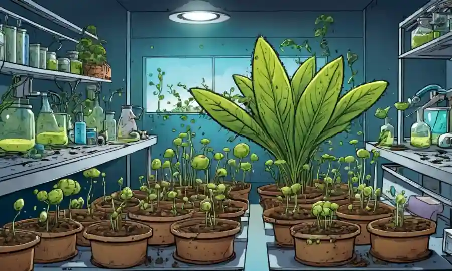 Ilustración de esporas o semillas que brotan en plantas, rodeadas de equipos de laboratorio y símbolos agrícolas.