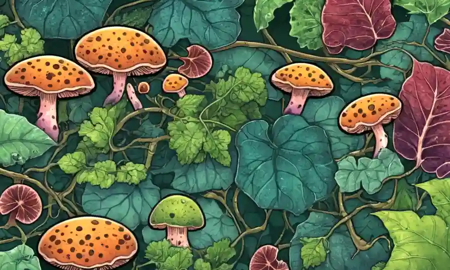 Imagen microscópica de hongos o bacterias dentro de las células vegetales rodeadas de hojas y viñedos.