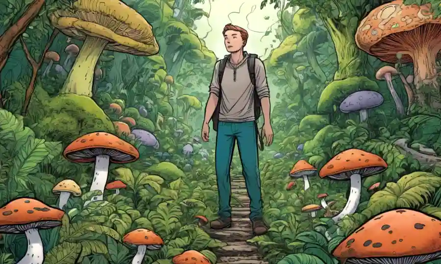 Una persona rodeada de exuberante vegetación con diversas ilustraciones de hongos.
