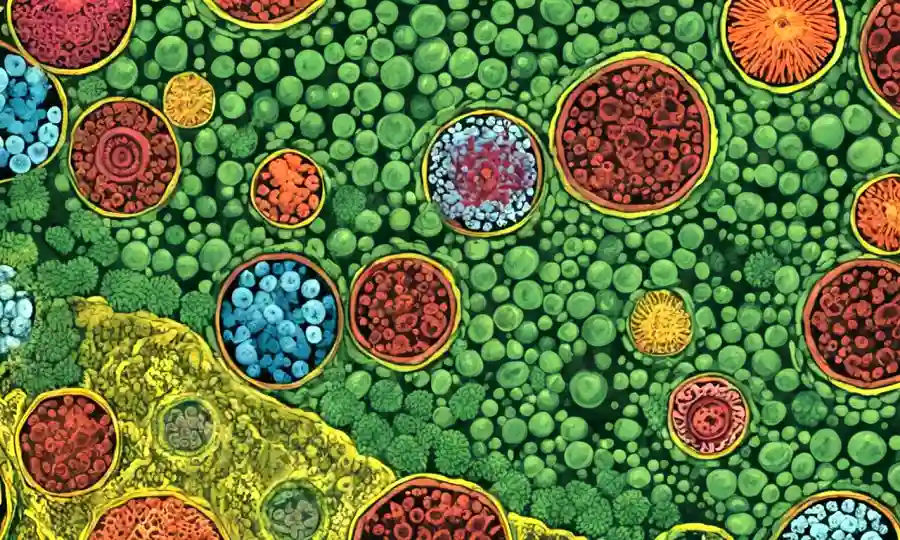 Imagen microscópica de bacterias beneficiosas encontradas en plantas (endofitas) rodeadas de círculos ricos en nutrientes.