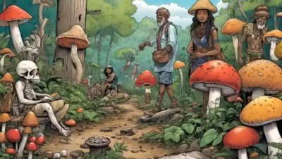 Una ilustración de diversos hongos junto con artefactos antropológicos y personas de diversas culturas.