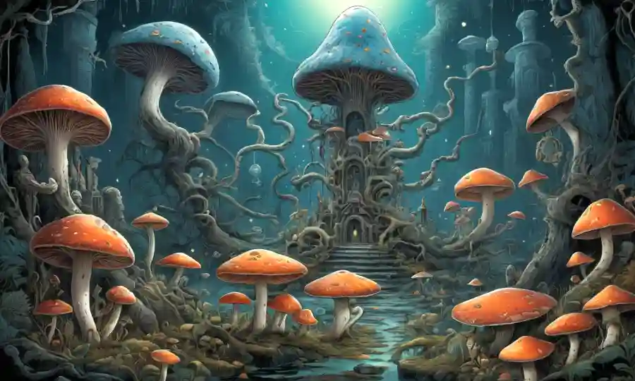 Una imagen surrealista de hongos entrelazados con objetos rituales contemporáneos, rodeados de símbolos antiguos y atmósferas místicas.