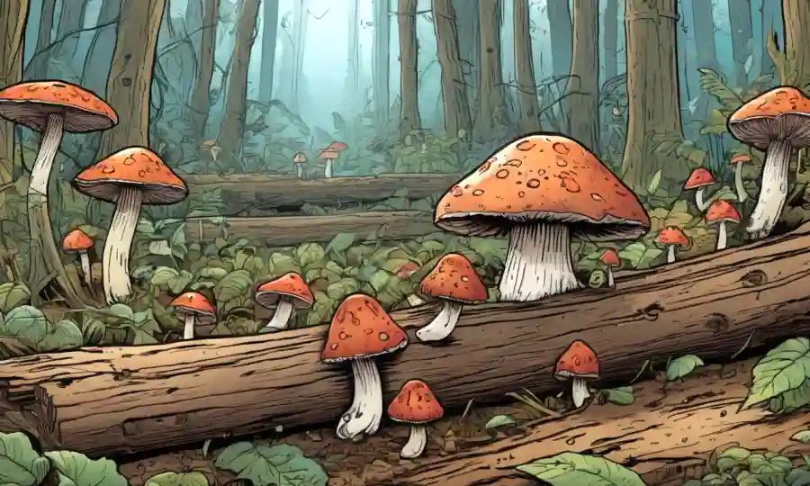 Un grupo diverso de champiñones que crecen de troncos de desintegración en un suelo forestal.