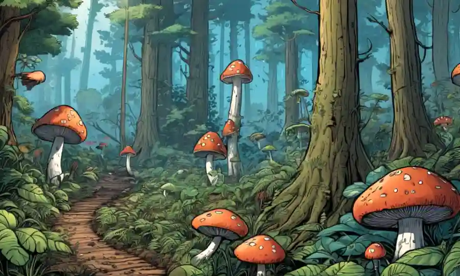 Un bosque con hongos creciendo en medio de ecosistemas restaurados, destacando su papel en la ecología.