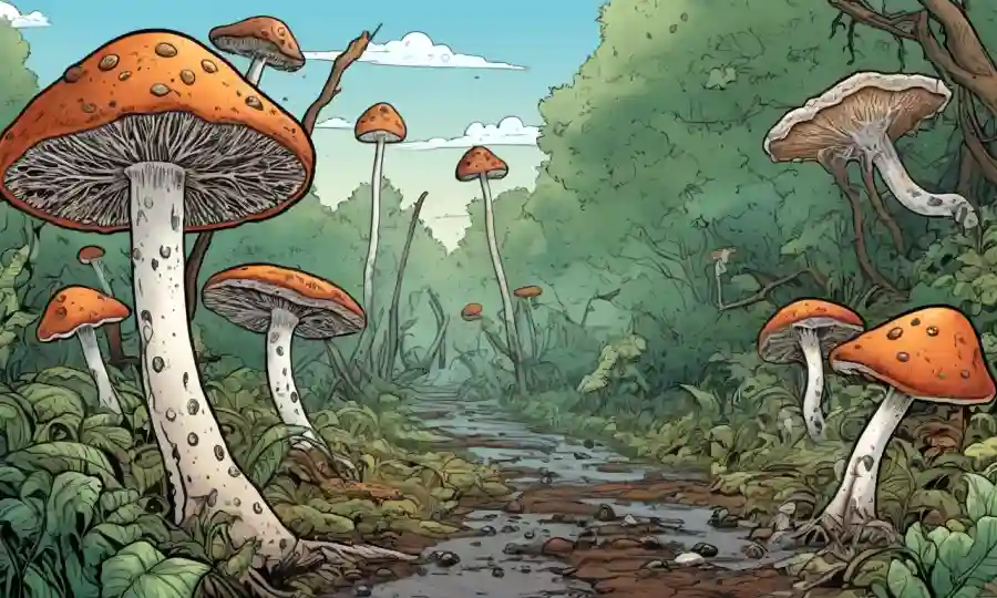 Ilustraciones de la descomposición de materia orgánica involucrando hongos y bacterias en medio de un entorno natural.