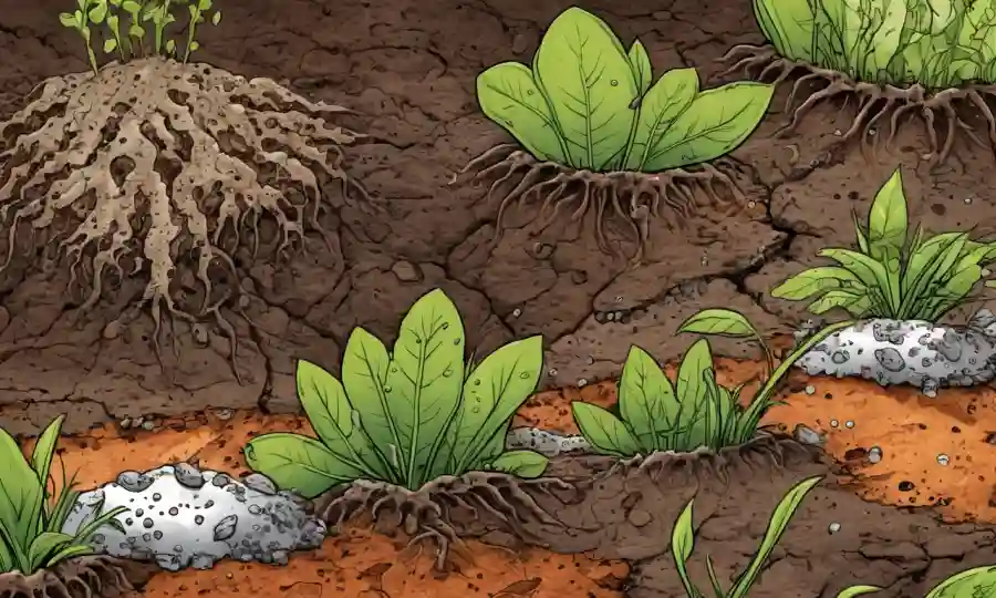 Imágenes científicas que muestran microorganismos en suelo y plantas que descomponen materia orgánica.