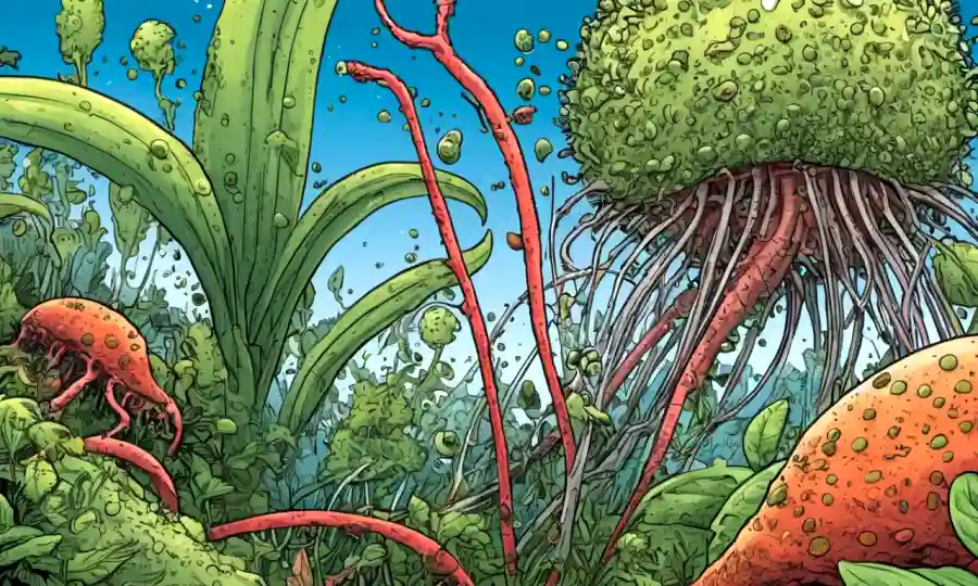 Organismos microscópicos destruyendo la vida vegetal en un ecosistema.