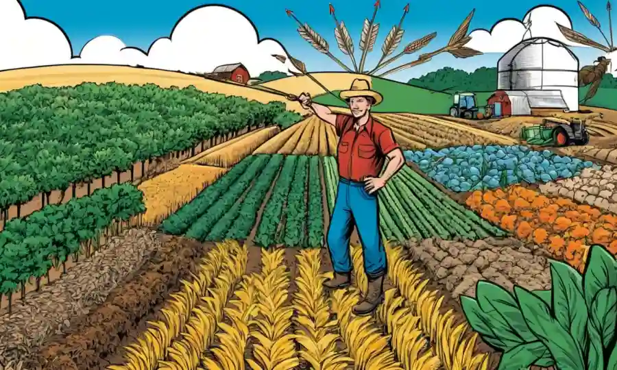 Paisaje agrícola con agricultores que sostienen cultivos rodeados de flechas que ilustran la importancia de los productores en la cadena alimentaria.