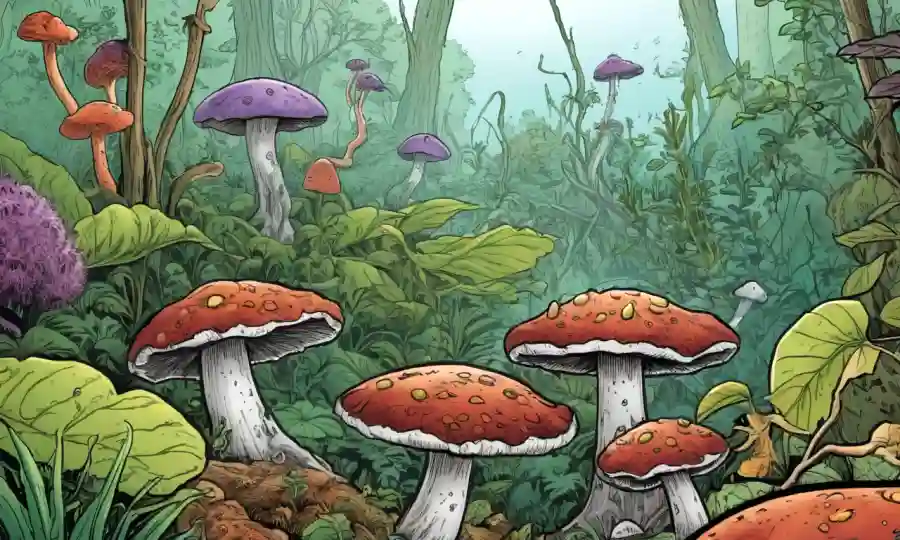 Un hongo descompuesto que descompone la materia orgánica en medio de plantas y especies animales en un ecosistema.