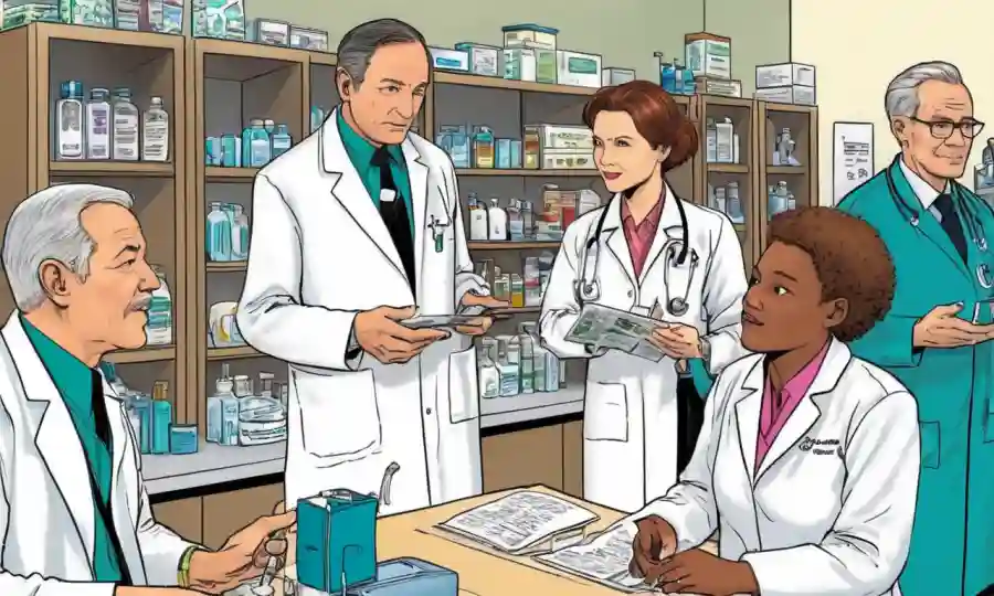 Farmacéuticos en un entorno de salud discutiendo prevención de infecciones fúngicas con pacientes y médicos.