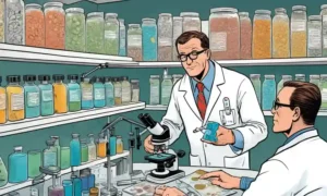 Farmacéutico asesorando al paciente sobre el régimen de medicamentos entre culturas fúngicas en las diapositivas del microscopio.