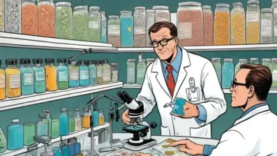 Farmacéutico asesorando al paciente sobre el régimen de medicamentos entre culturas fúngicas en las diapositivas del microscopio.