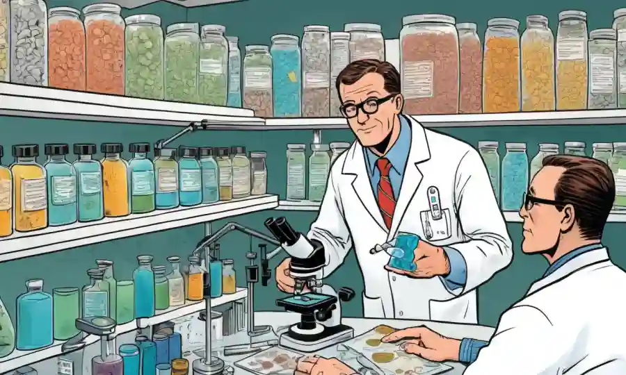 Farmacéutico asesorando al paciente sobre el régimen de medicamentos entre culturas fúngicas en las diapositivas del microscopio.