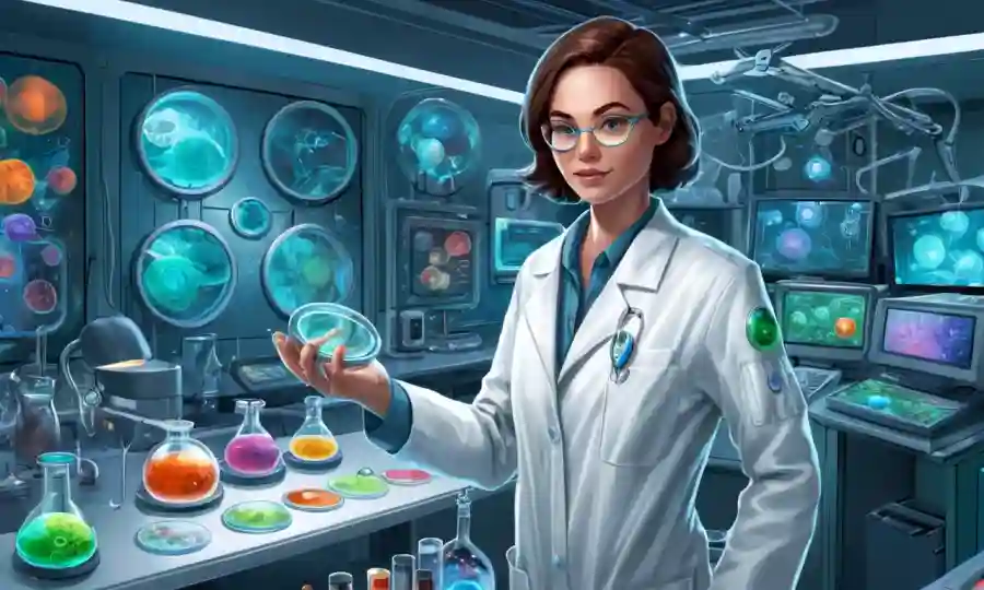 Investigador de laboratorio que sostiene un plato de petri con microorganismos, rodeado de equipos y pantallas futuristas.