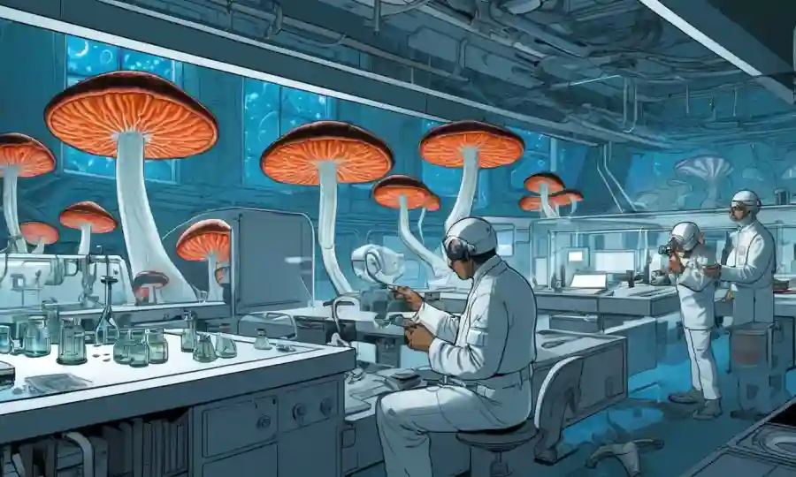 Investigadores que estudian hongos en un laboratorio futurista.