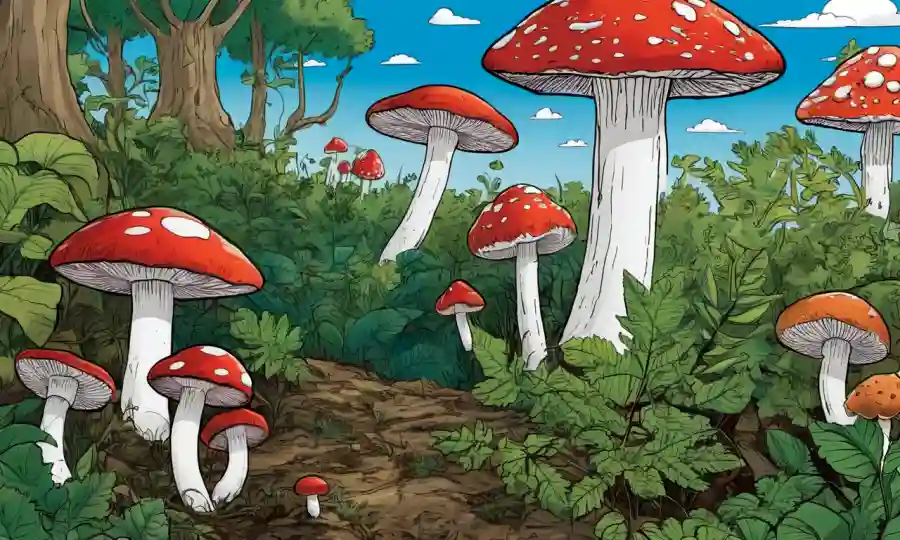 Ilustraciones de diferentes setas rodeadas de follaje en un entorno ecológico, destacando su papel en los ecosistemas e importancia para futuras investigaciones. (Nota: He proporcionado una breve descripción en inglés del texto español)
