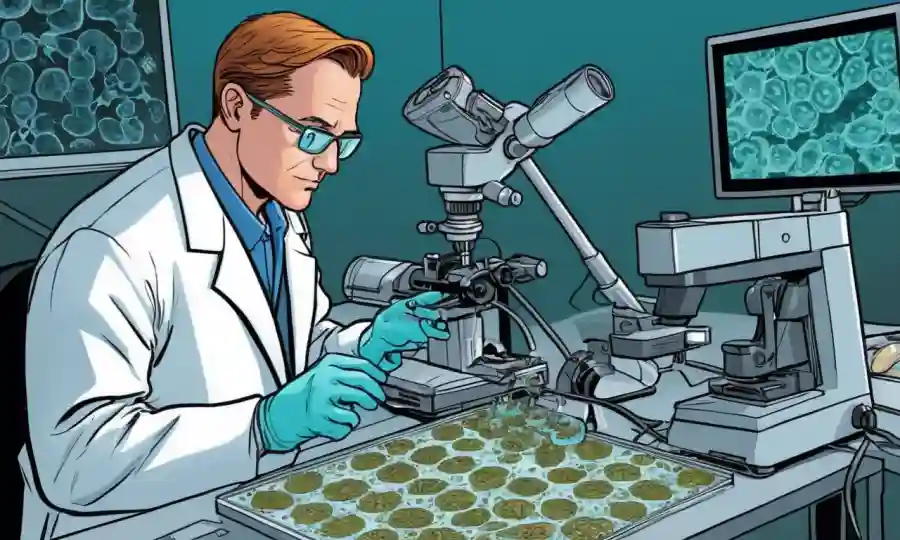 Científico usando equipos de alta tecnología para analizar especímenes microscópicos fungosos.