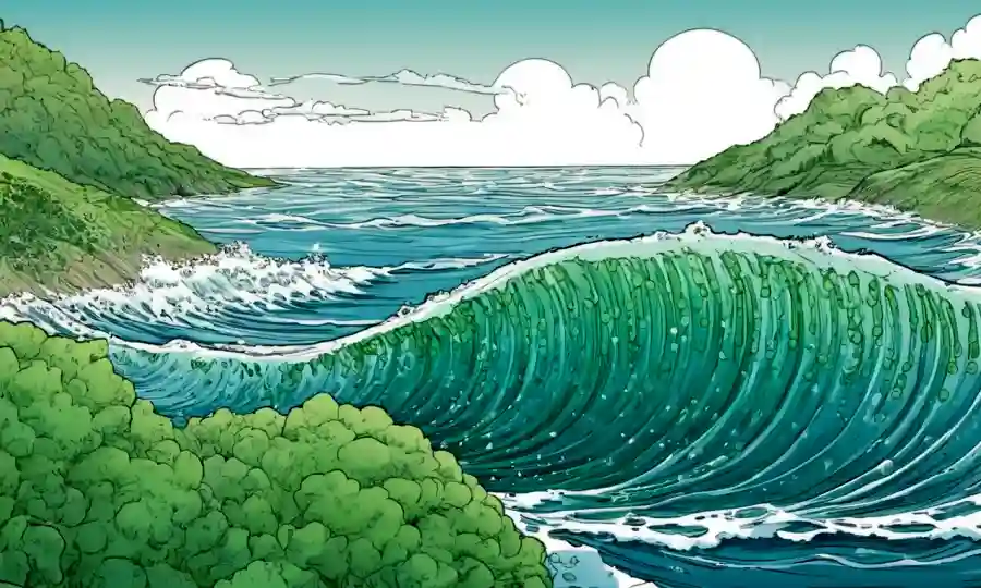 Ilustraciones científicas y gráficos de especies algas sobre un fondo de olas oceánicas.