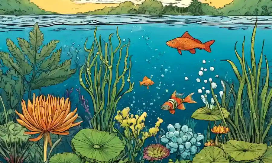 Ilustración de varias plantas acuáticas junto a tablas de clasificación y diagramas.