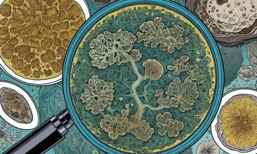 Un microscopio o plato de cultura lleno de esporas fúngicas y gráficos relacionados con la salud.