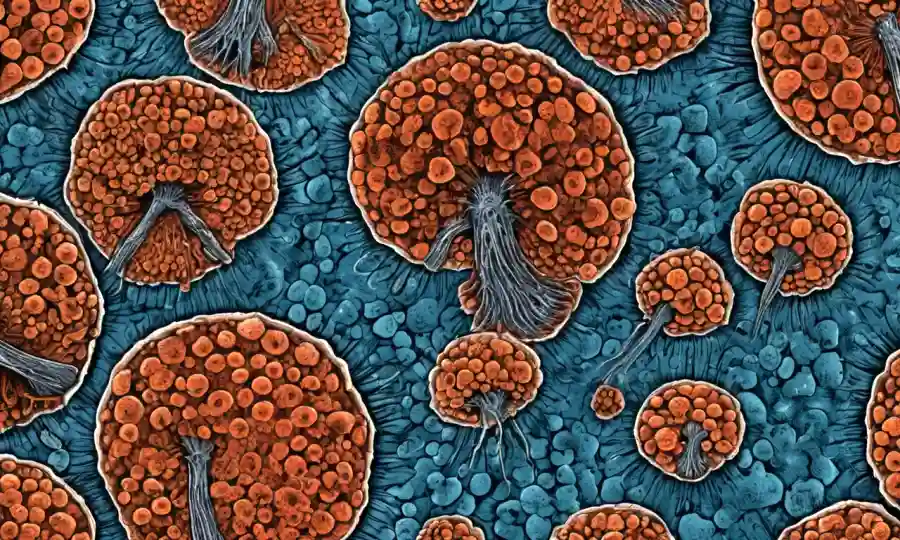 Una imagen de cerca de esporas fúngicas bajo el microscopio, con ilustraciones de implicaciones sanitarias.