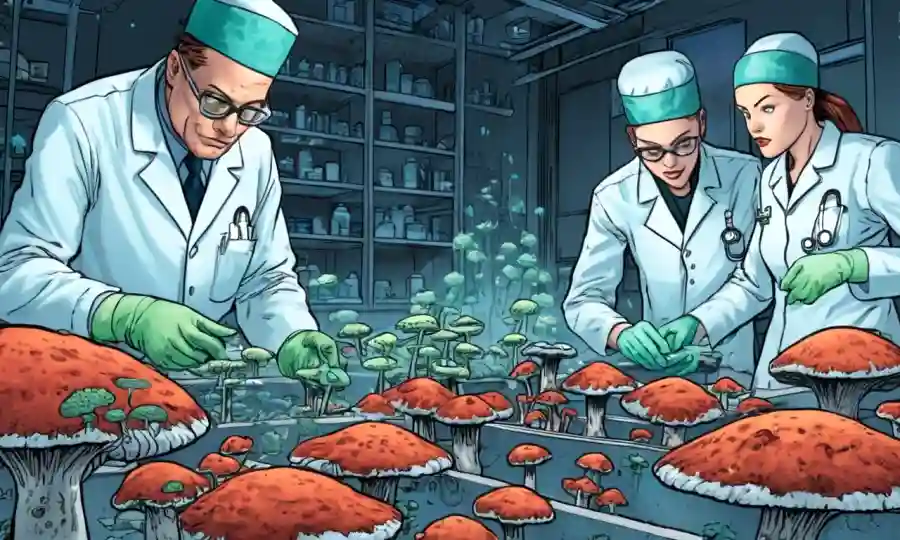 Profesionales médicos que examinan muestras de laboratorio en medio del crecimiento de hongos de fondo.