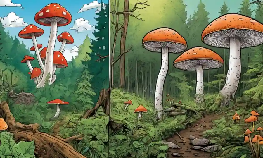 Las ilustraciones de hongos junto a los diagramas de estrategias de conservación sobre los fondos forestales.