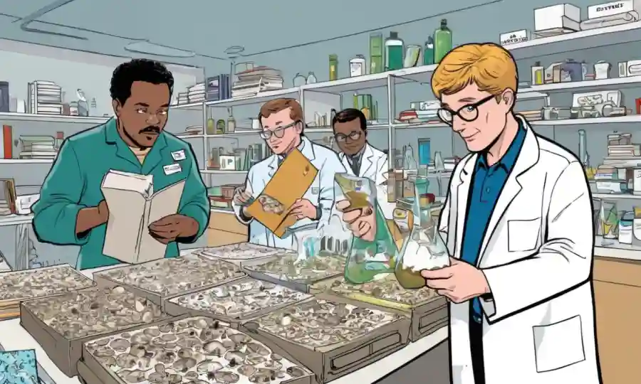 Científico que sostiene muestras de hongos, rodeado de materiales educativos y personas en un entorno de laboratorio.