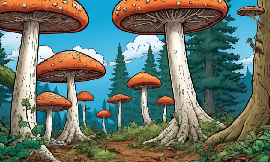Crecimiento de hongos entre los árboles, con estrategias de conservación representadas como concepto de cultivo de árboles.